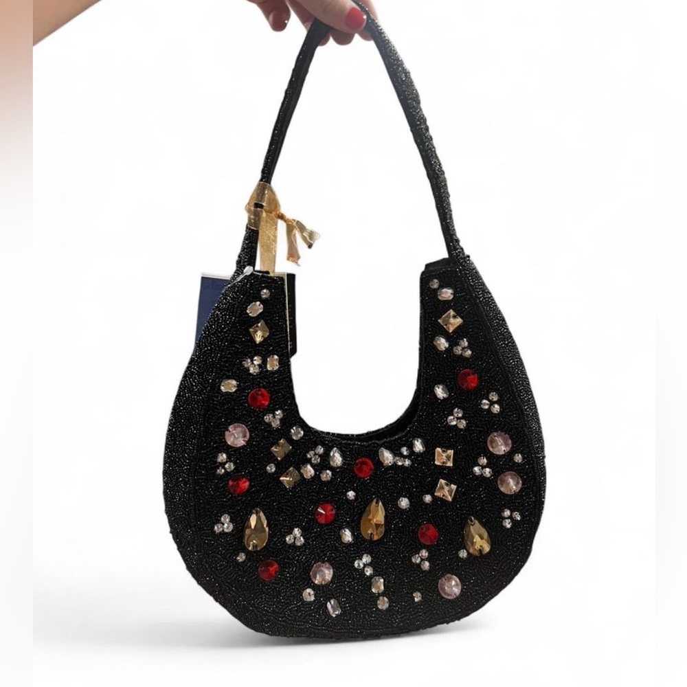 Black Gemstone Beaded Shoulder Bag Made in India
